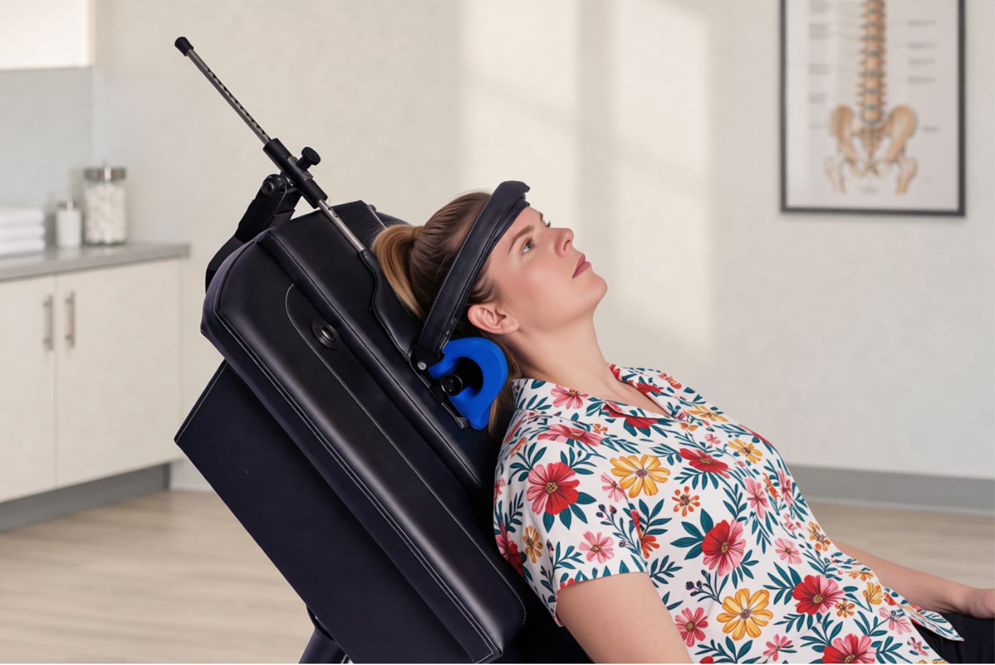 A patient reclined in the treatment chair with treatment directed at the neck