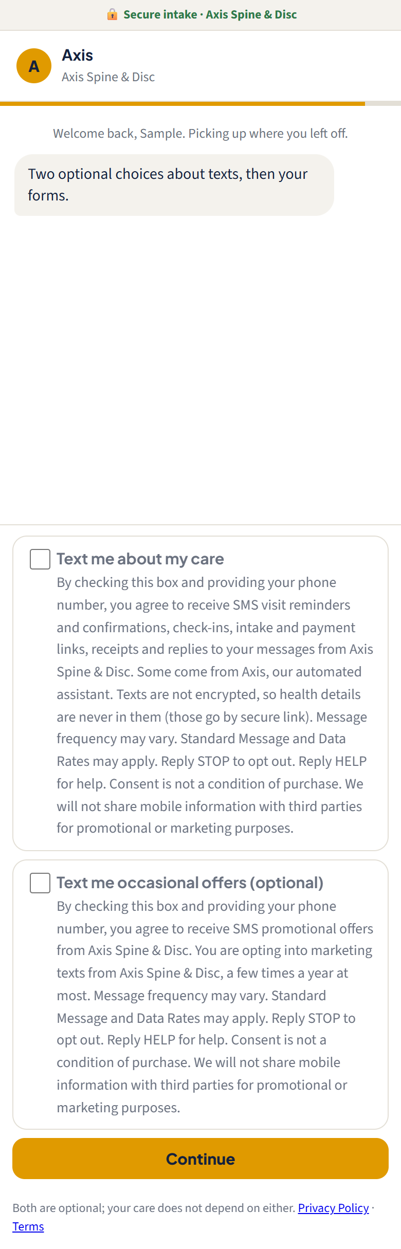 The online intake's texting step: two unchecked optional boxes with the full disclosure
