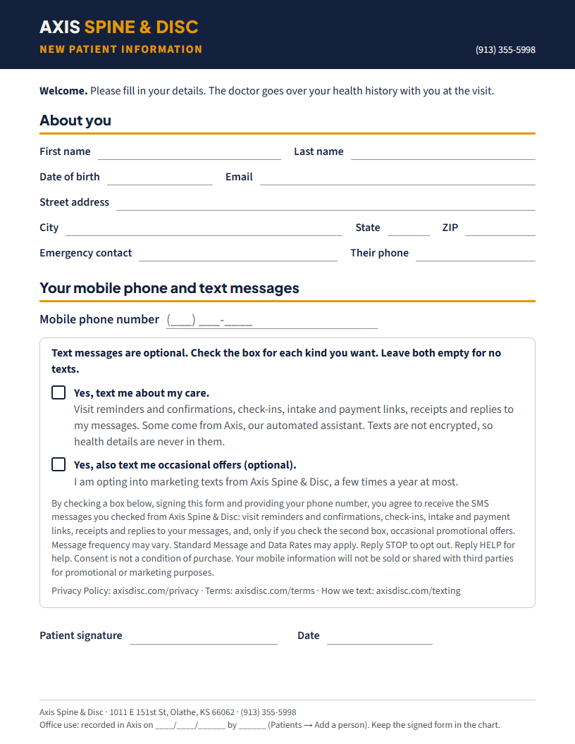 The blank New Patient form: mobile phone field, two unchecked texting boxes, the SMS disclaimer and the signature line