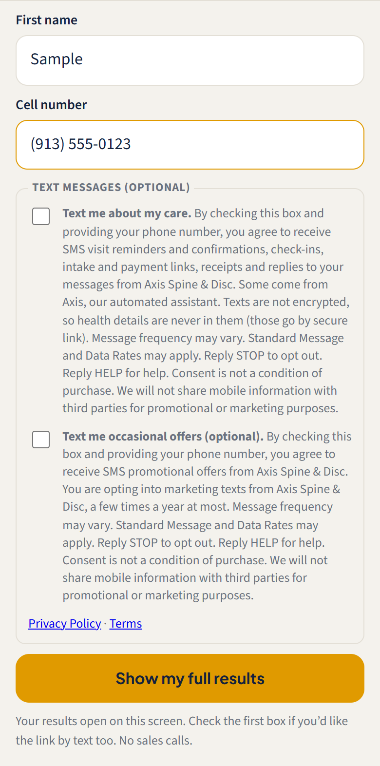 The Spine Score contact step with the two unchecked texting boxes