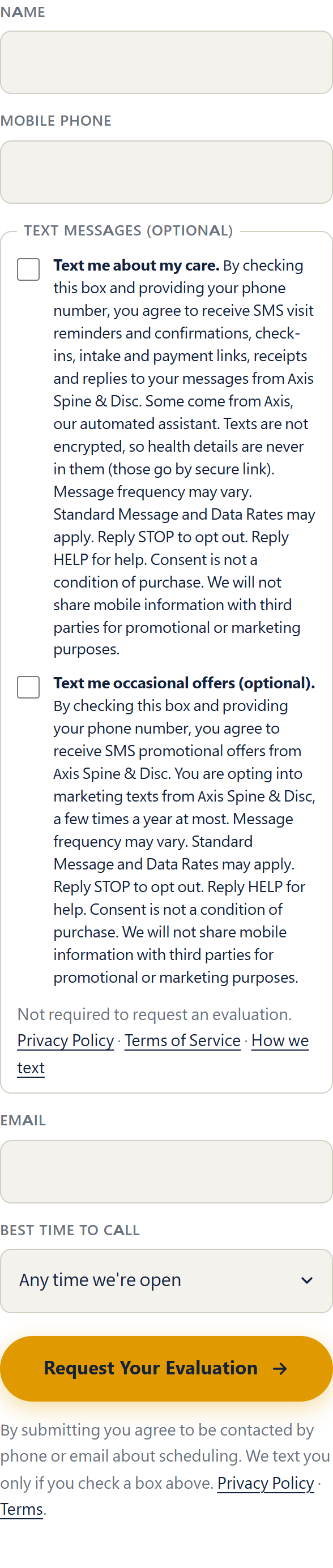 The evaluation request form on axisdisc.com with the two unchecked texting boxes under the phone field